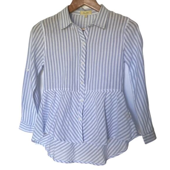 Love Notes Cotton Blue and White Peplum Blouse Size Small - Picture 1 of 8